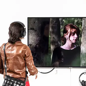 Eine Frau mit Köpfhörern sieht auf einen Bildschirm an der Wand.